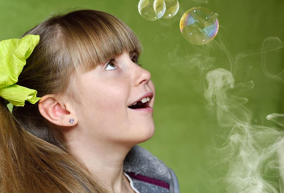 child, girl, face, view, soap bubbles, smoke, headshot, portrait, one person, hair