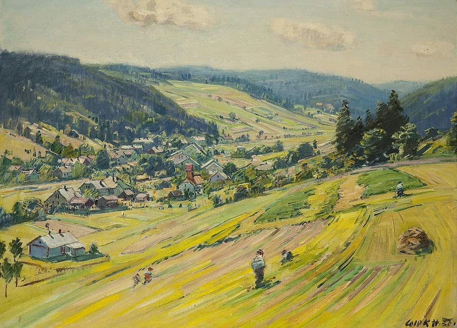 Granja, casas de pintura, Stanislav Lolek, paisaje, pintura, arte, artístico, óleo sobre lienzo, cielo, nubes