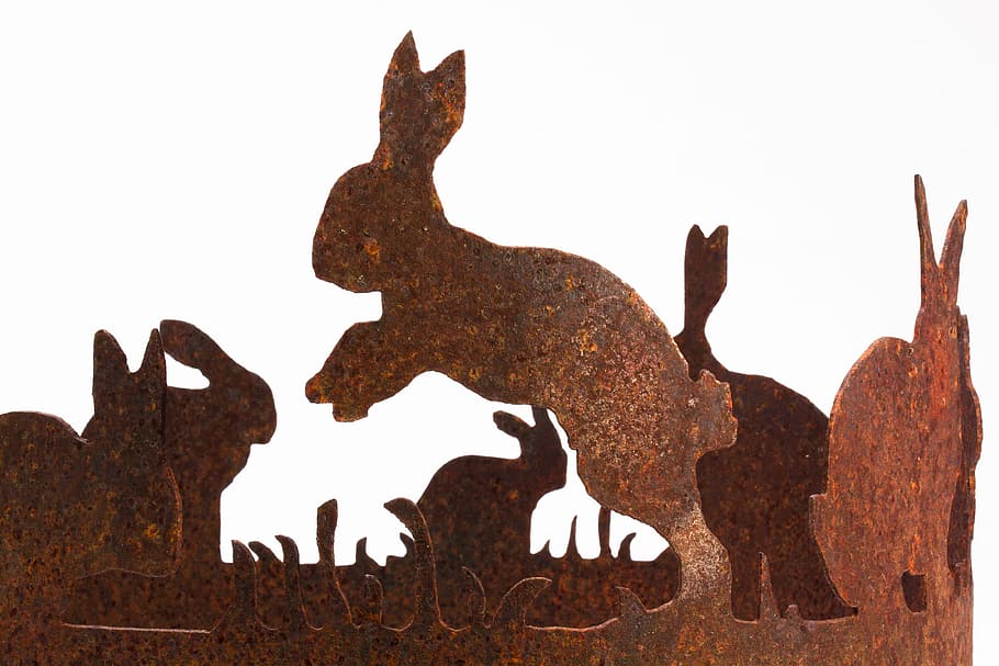 easter, easter bunny, hare ring, laser cut, metal, stainless, rusty, sculpture, spring, easter decoration