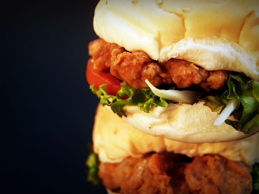 foto close-up, burger, hamburger, roti, panggang, biji, sandwich, Amerika, makanan, lemak