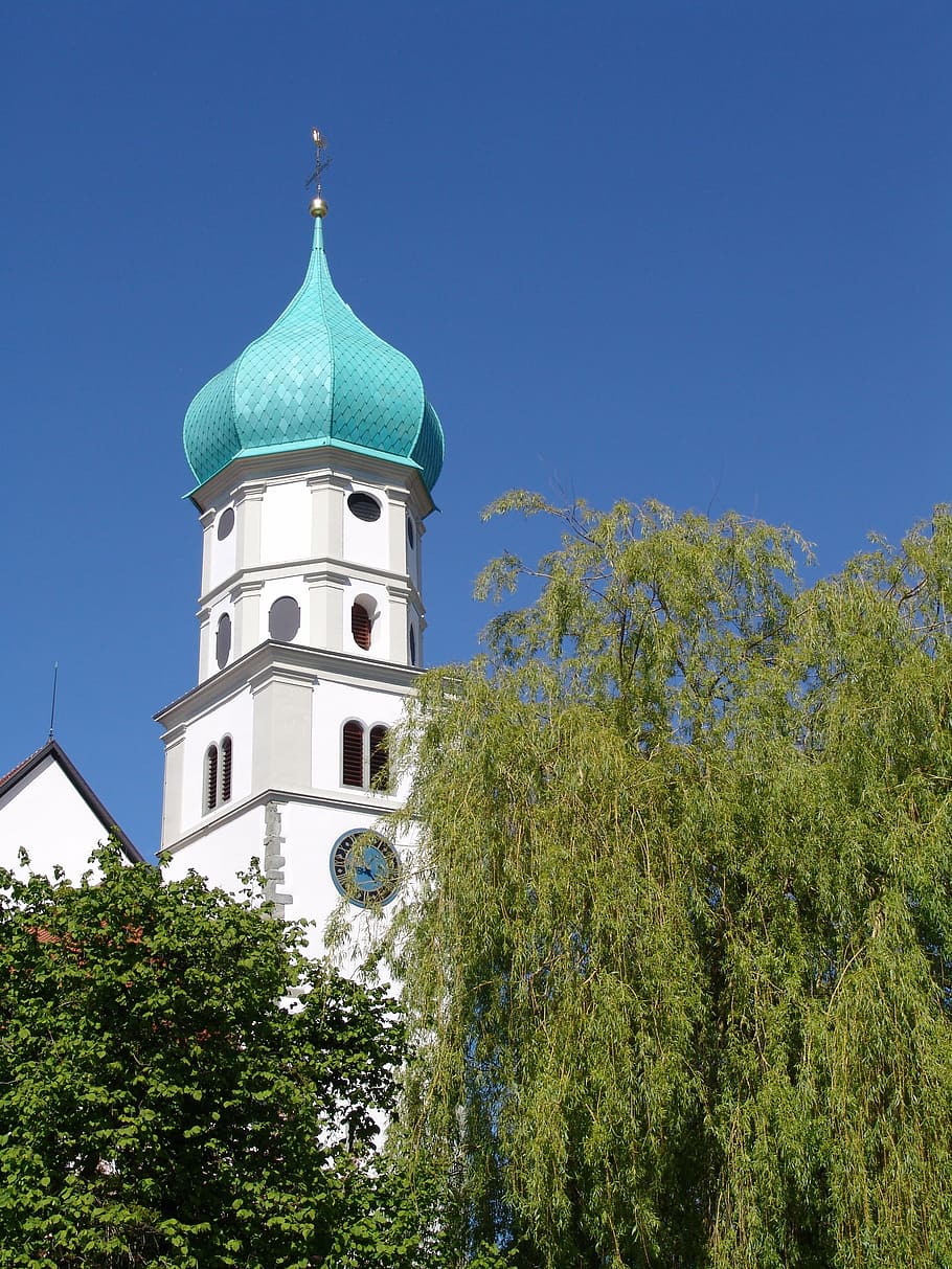church, bavaria, sky, catholic, steeple, germany, tower, building, summer, lake constance