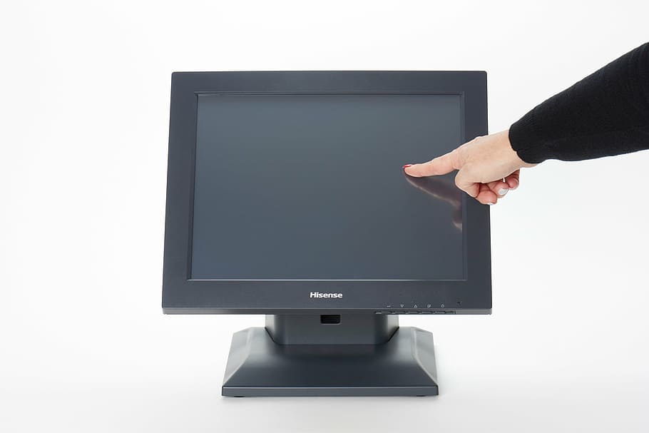 pos, touch monitor, hisense, md15v, human hand, human body part, hand, technology, white background, studio shot