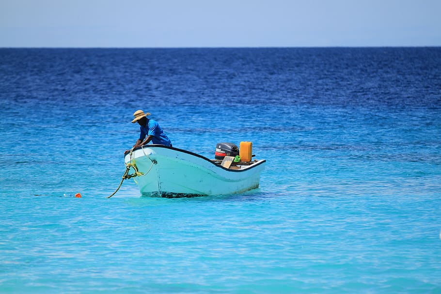 man, standing, white, boat, day time, fisherman, fishing, sea, water, horizon over water