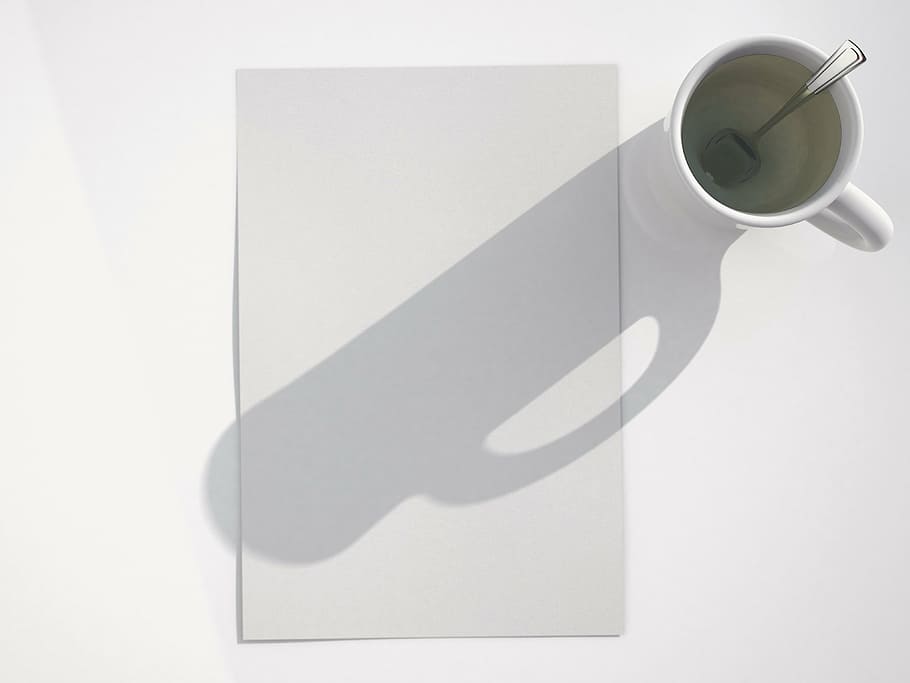 shadow, mug, tablespoon, white, printer paper, letters, cup, paper, tee, 3d