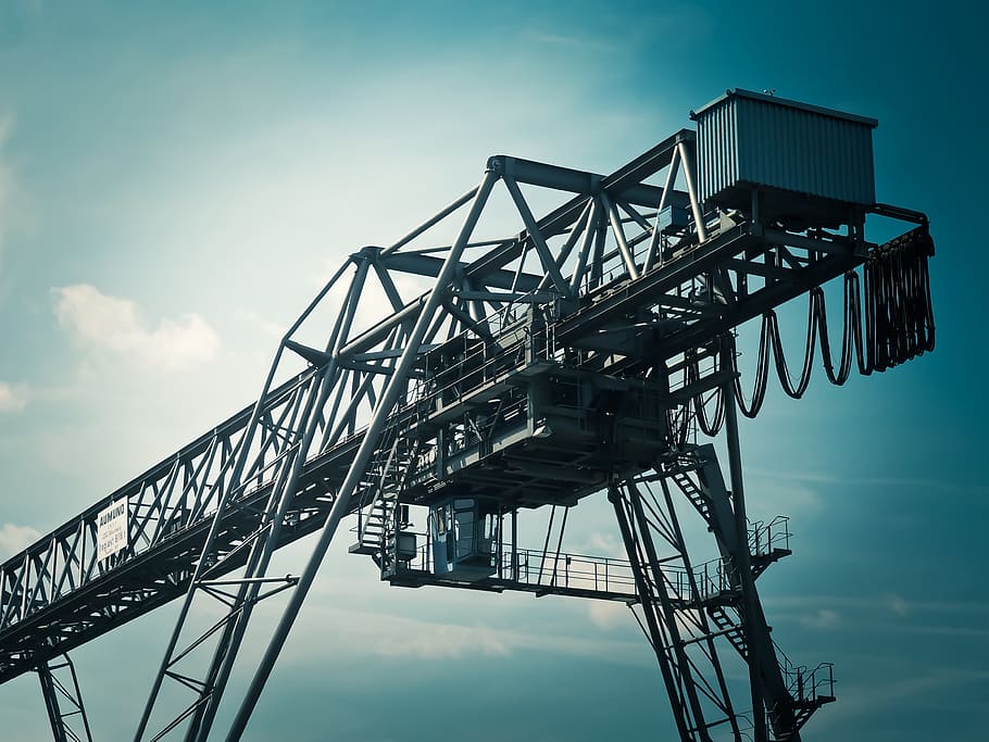 grayscale photo, concrete, structure, crane, loads, load crane, crane systems, port, cargo transport, technology