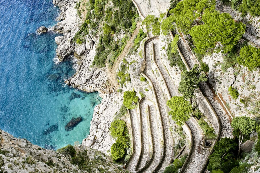 tanaman hijau, Via Krupp, Capri, Italia, Landmark, Path, mediterania, perjalanan, outdoor, jalan setapak