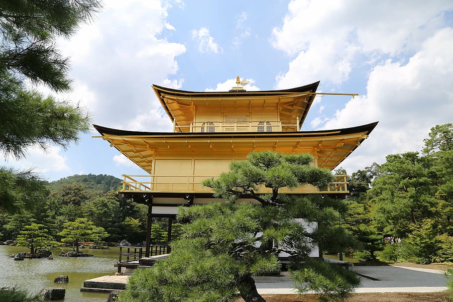 building, temple of the golden pavilion, japan, tree, plant, sky, cloud - sky, architecture, built structure, nature