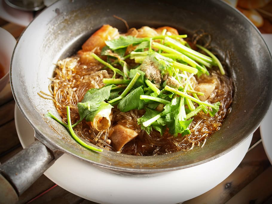 food dish, gray, steel pan, food, thai, chicken, soup, seafood, lemongrass, meat