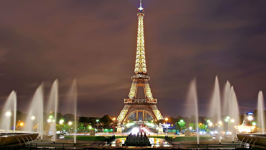 eiffel tower, paris, water fountains, night time, lights, fountains, twilight, city, urban, france