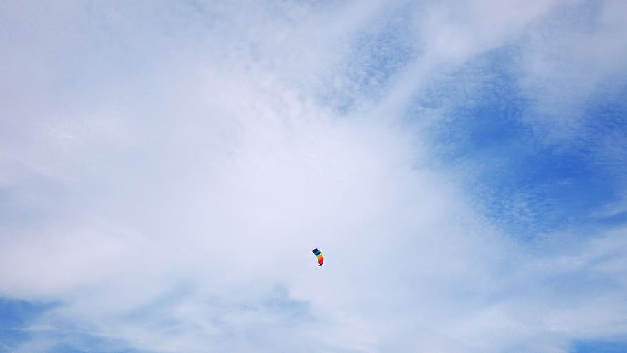 blue, sky, clouds, parachute, sunshine, cloud - sky, low angle view, flying, mid-air, extreme sports