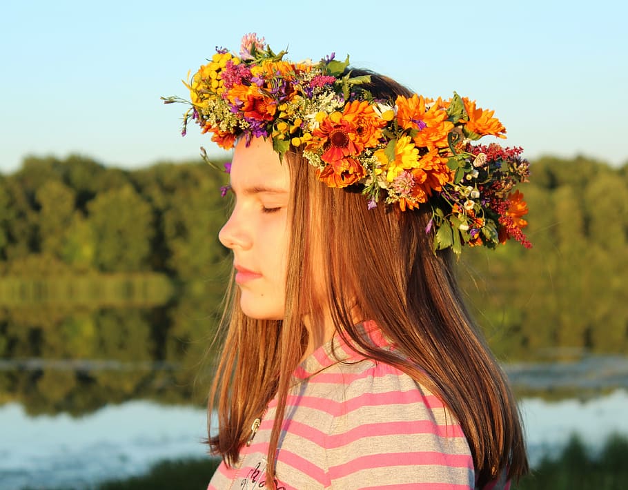 girl, wearing, assorted-color flower headband, baby, wreath, flowers, smile, joy, rite, fairy