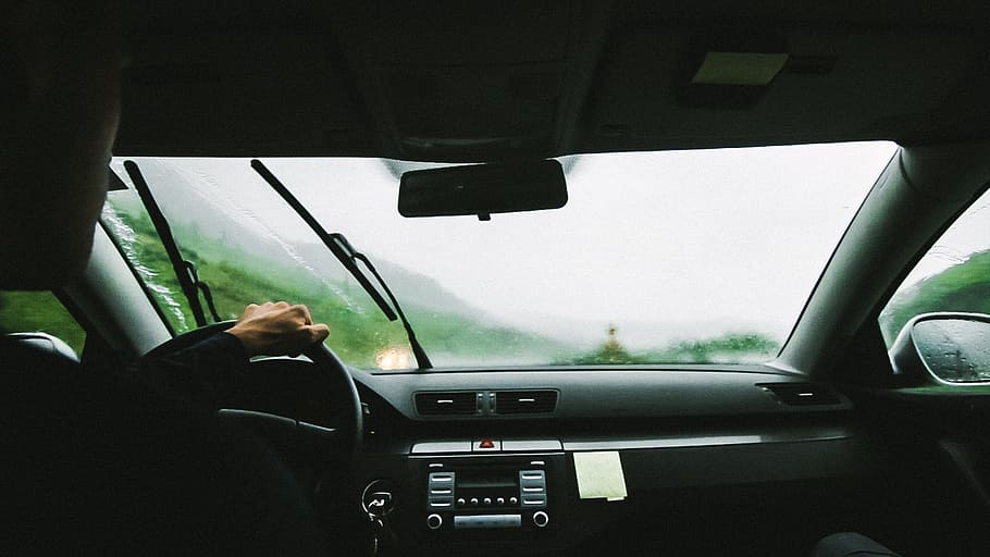 man, black, shirt, riding, vehicle, drive, taxi, cab, roadtrip, rain