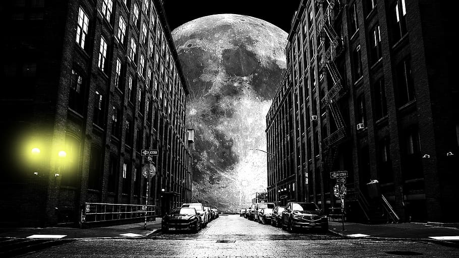 gray, scale car, parked, roadway, commercial, buildings, moon, black and white, glare, yellow