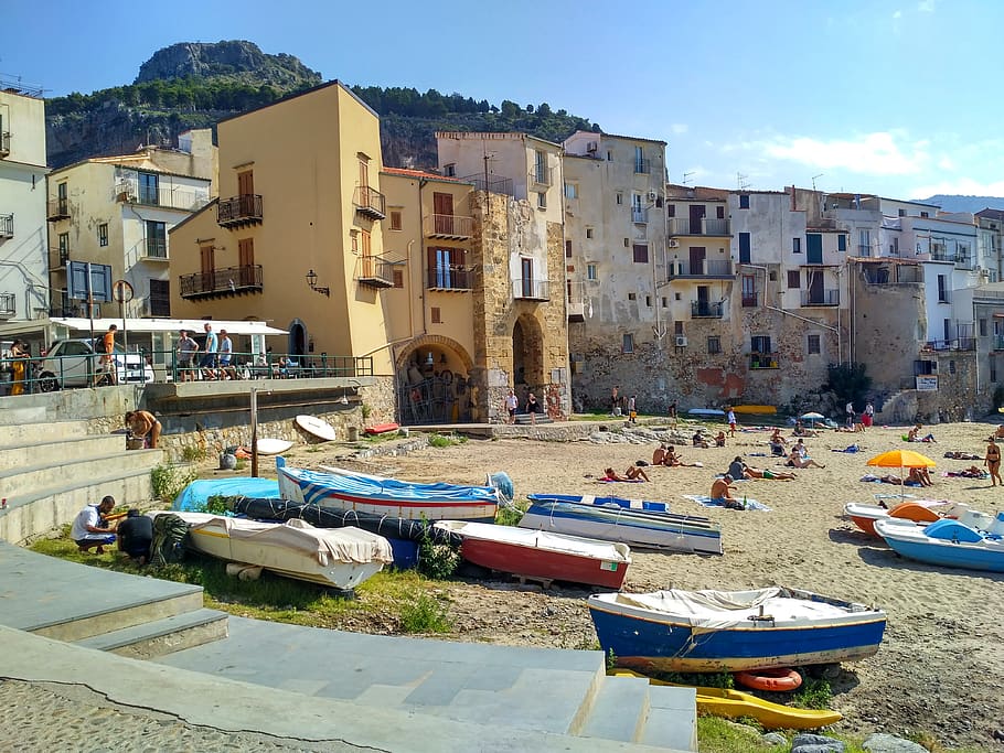 cefalu, sicily is, italy, sea, blue, rock, building exterior, architecture, built structure, water