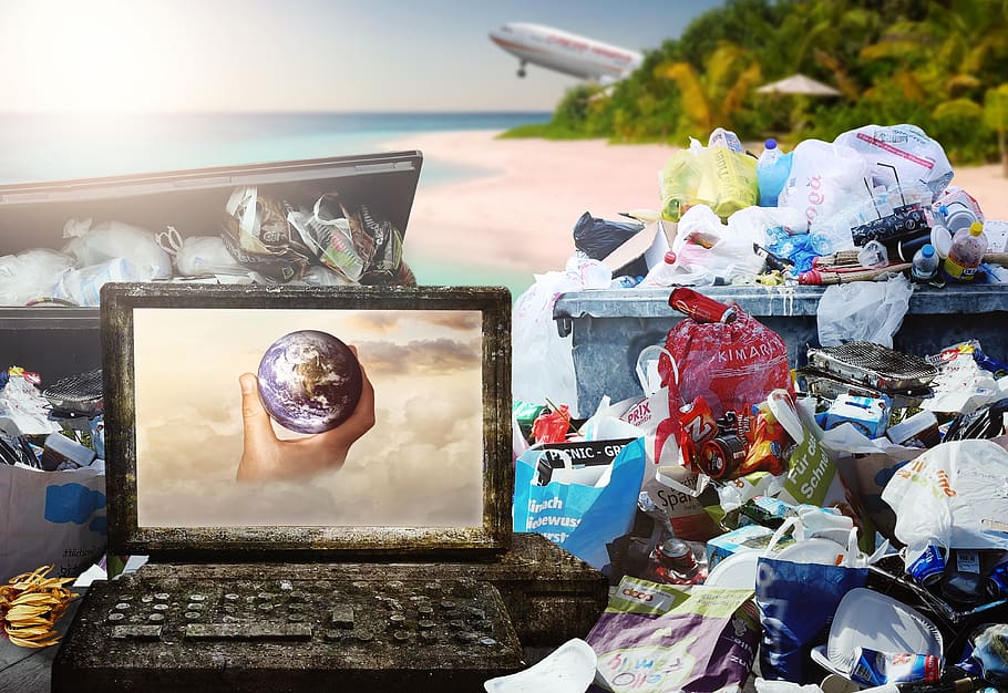 basura, paraíso, sol, avión, montaña de basura, desechos plásticos, computadora, cambio climático, medio ambiente, protección del medio ambiente