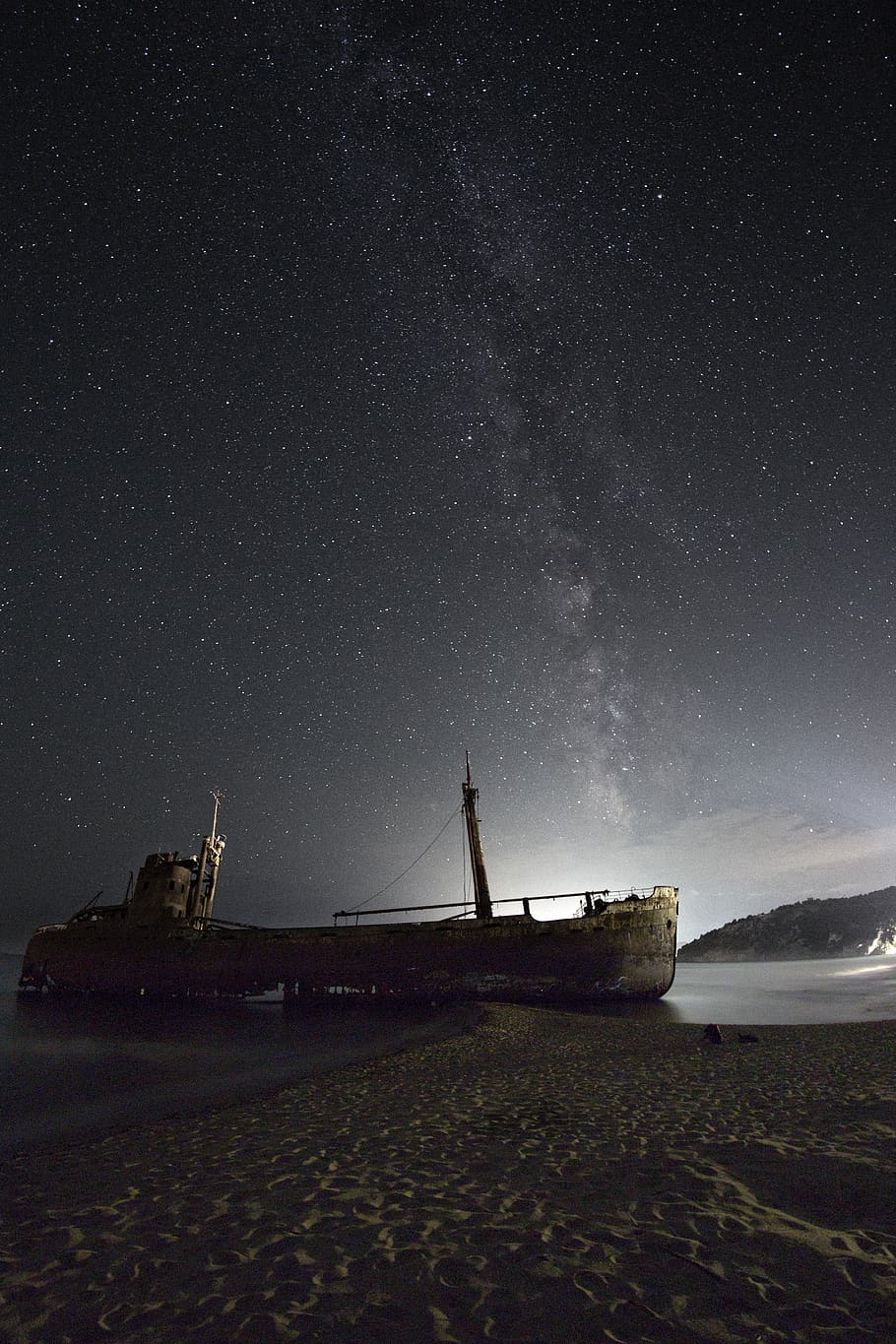 shipwreck, milky way, sea, water, night, sky, landscape, star, astronomy, atmosphere