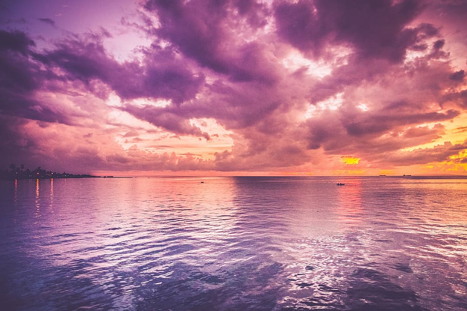 púrpura, cielo, nubes, puesta de sol, anochecer, océano, mar, lago, agua, horizonte