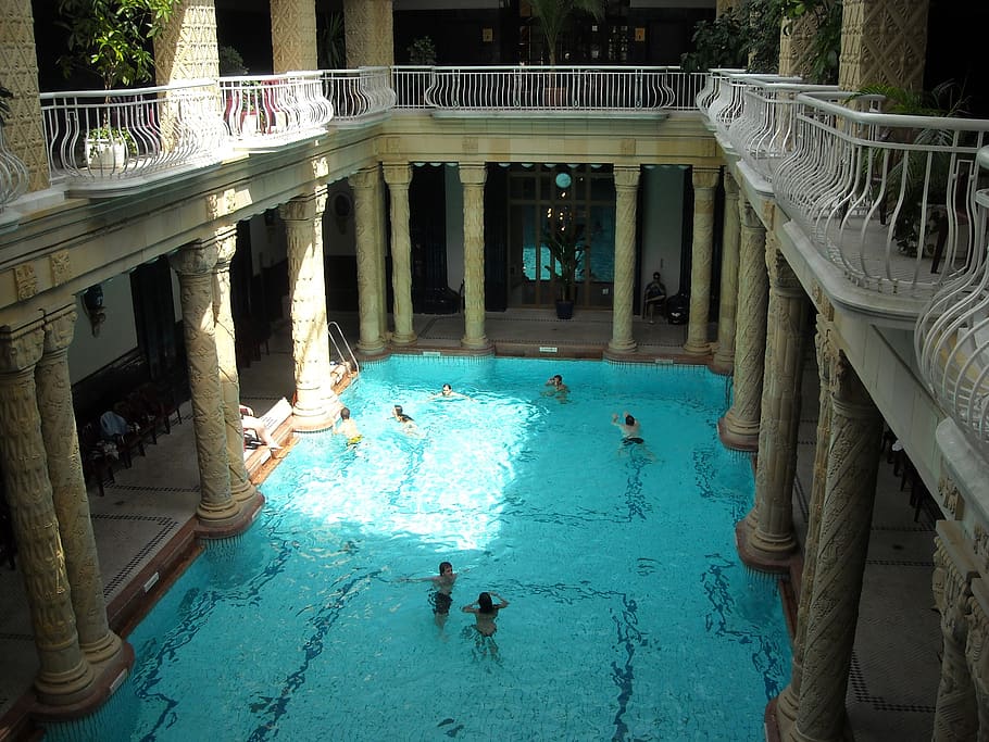 swimming pool, hotel, gellert, budapest, water, built structure, architecture, group of people, pool, day