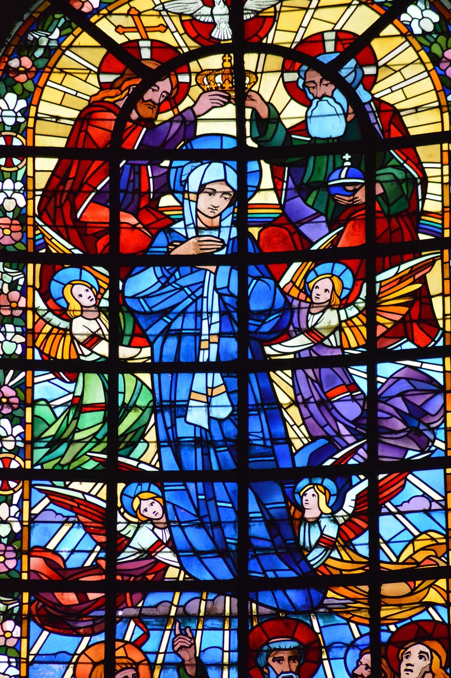 stained glass, window, church, trinity, father, son, spirit, mary, coronation, sky
