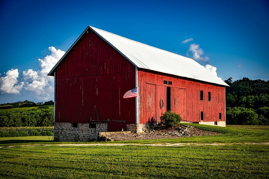 red, white, wooden, shed, forest, daytime, iowa, red barn, american flag, building