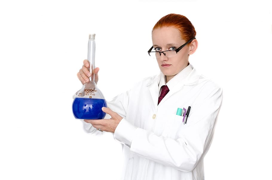 women, holding, clear, glass bottle, woman, coat, girl, people, laboratory, lab