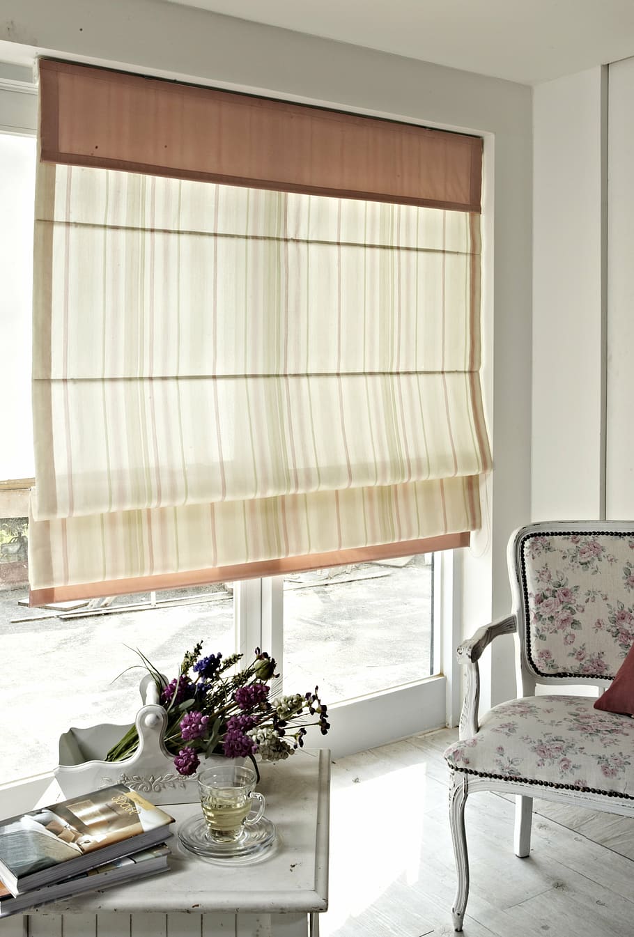 room, brown, white, window curtain, wooden, chair, blind, curtain, fabric, furniture
