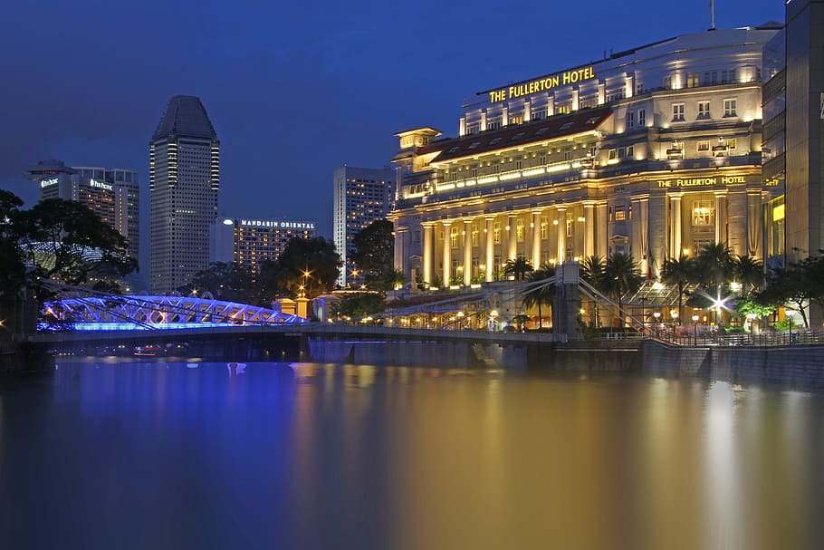 the fullerton hotel, Singapore, Fullerton Hotel, View, lighting, night, asia, architecture, illuminated, famous Place