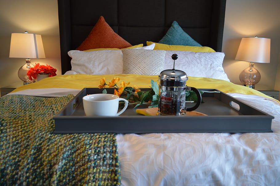 black, french, press, white, mug, tray, breakfast in bed, bed, bedroom, coffee - Pxfuel