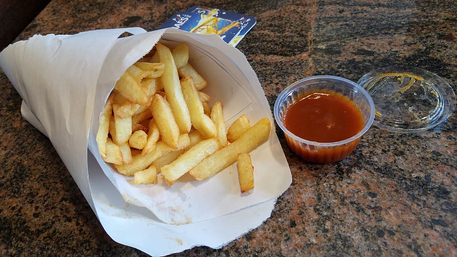 potato fries, ketchup, belgian fries, french fries, fries, chips, takeaway, junk food, potato, prepared potato