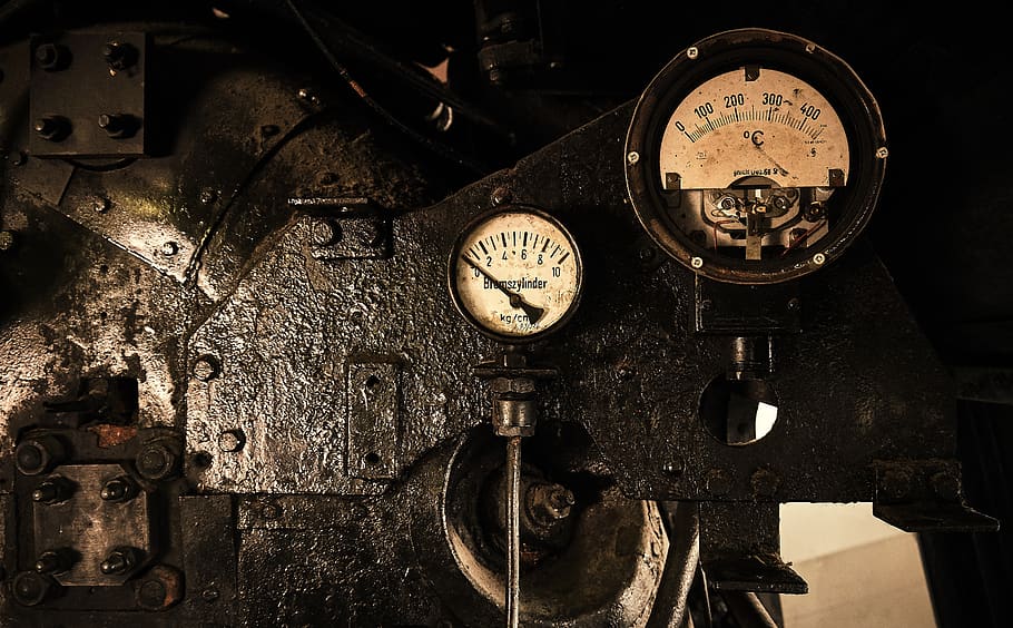 ad, barometer, thermometer, technology, degree, steam locomotive, train, railway, driver's cab, the boiler room