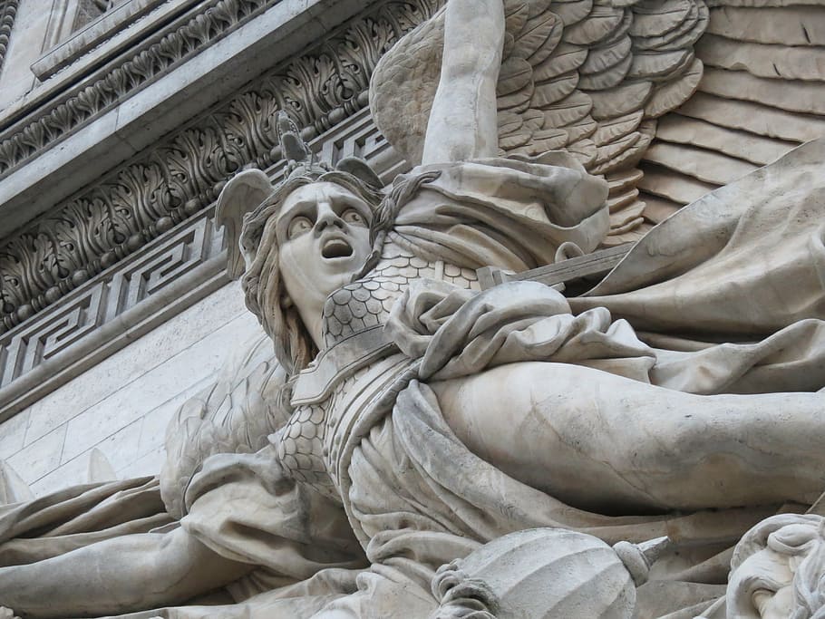 angel statue, mounted, wall, angel, arc de triomphe, arc, arch, france, paris, famous