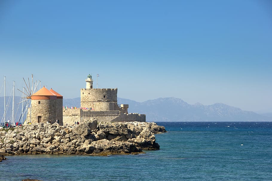 greece, rhodes, port, historic center, mitrakihafen, architecture, sky, sea, greek, antiquity