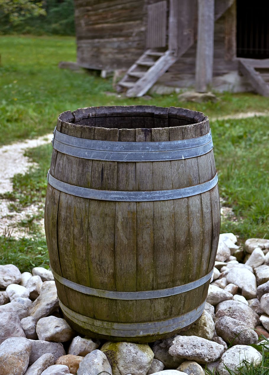 barrel, rainwater, water, watering, cylinder, wood - material, nature, container, day, focus on foreground