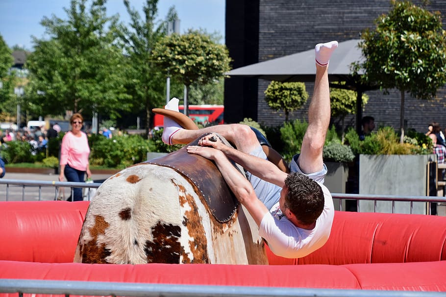 balance, bull, falling, hanging, activity, leisure, recreation, inflatable, mechanical bull, man