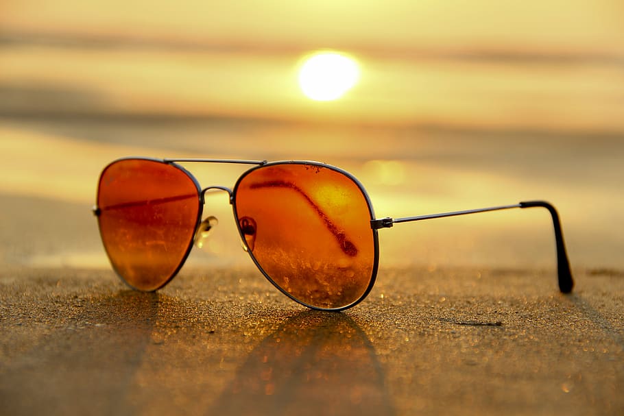 laranja, óculos de sol aviador, armações de prata, marrom, areia, prata, armação, aviador, estilo, óculos de sol