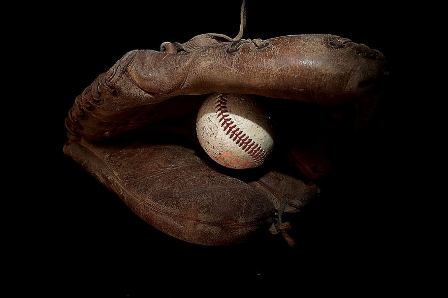 baseball, glove, ball, sports, game, old, black background, studio shot, close-up, sport