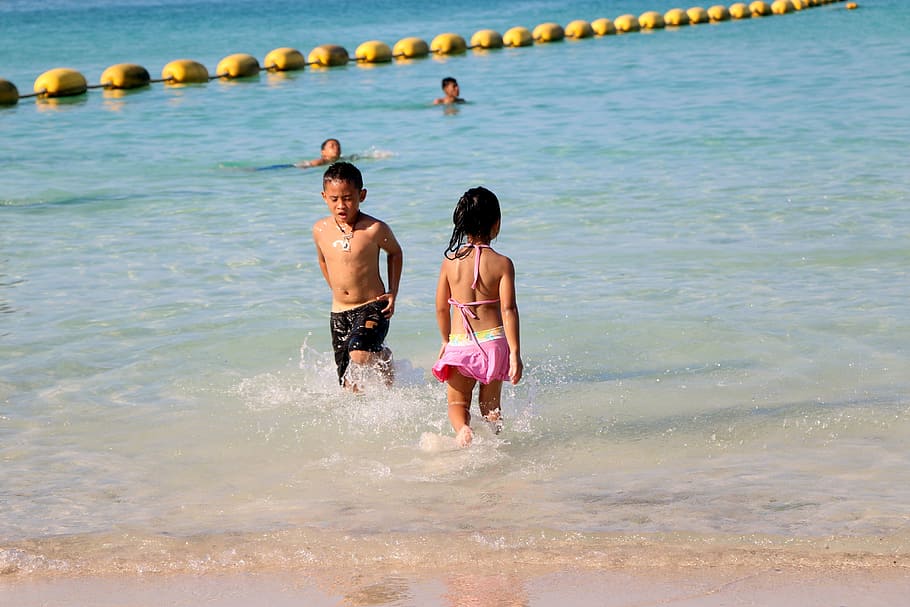anak, pantai, air, bahagia, laut, lautan, musim panas, kesenangan pantai, anak-anak bahagia, bermain