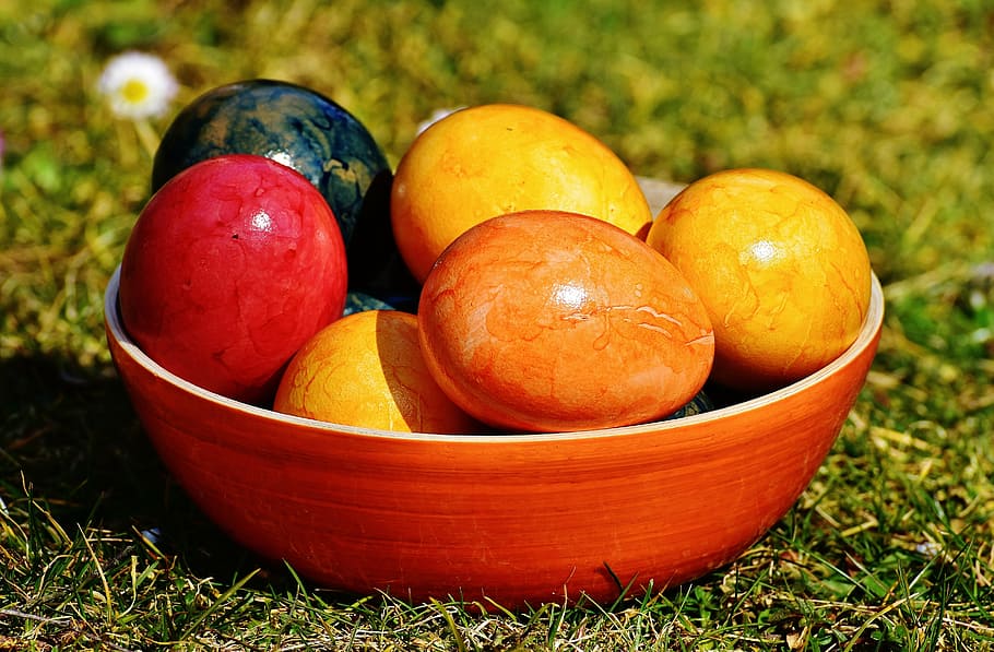 Surtido, frutas, rojo, cerámica, cuenco, cáscara, huevo, color, pascua, pascua feliz