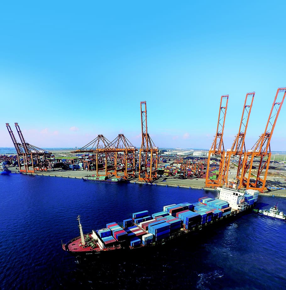 ship, container, dock, daytime, Port, Sea, Cargo Ships, Crane, freight transportation, crane - construction machinery