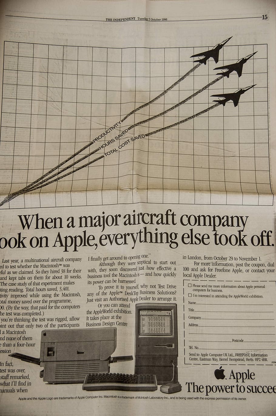 Periódico, anuncio, vintage, manzana, marca, 1986, británico, computadora, ninguna gente, industria