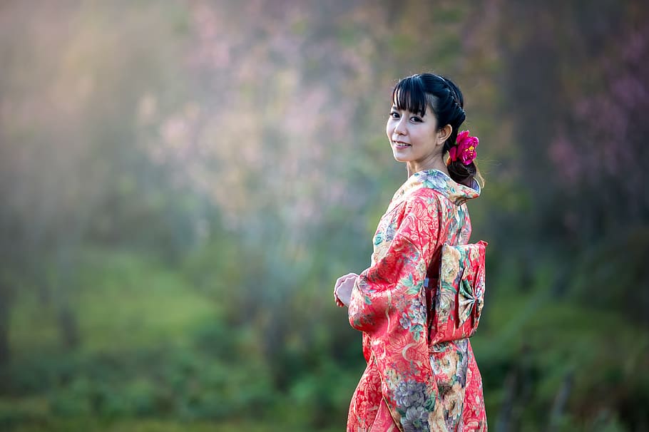 woman, wearing, pink, green, floral, kinomo, traditional, dress, beauty, asia