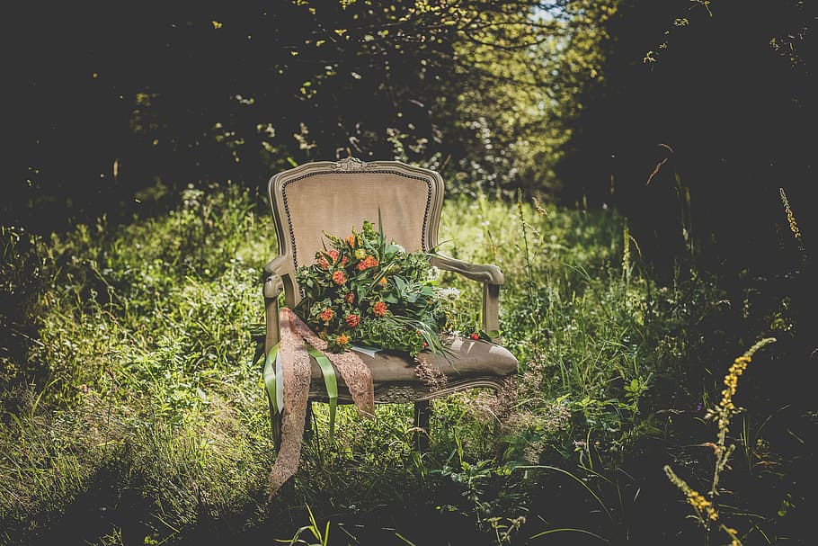 brown, armchair, green, grass field, flowers, chairs, plants, nature, outdoor, grass