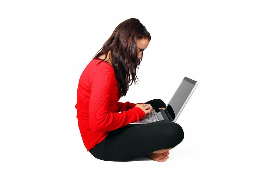 woman, wearing, red, long-sleeved, shirt, holding, laptop, computer, female, girl