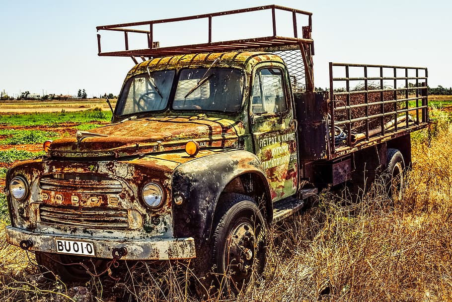 rusty, truck, grass field, old truck, lorry, car, countryside, rural, vehicle, vintage