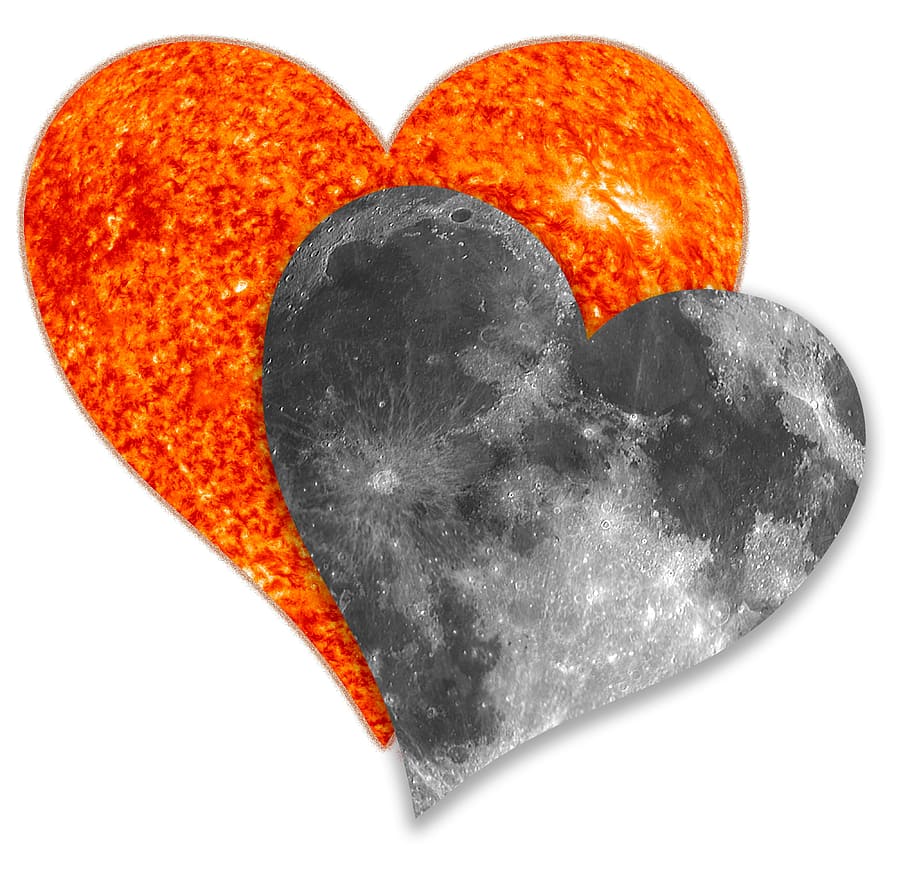solar eclipse, love, sun, moon, together, white background, studio shot, indoors, heart shape, orange color