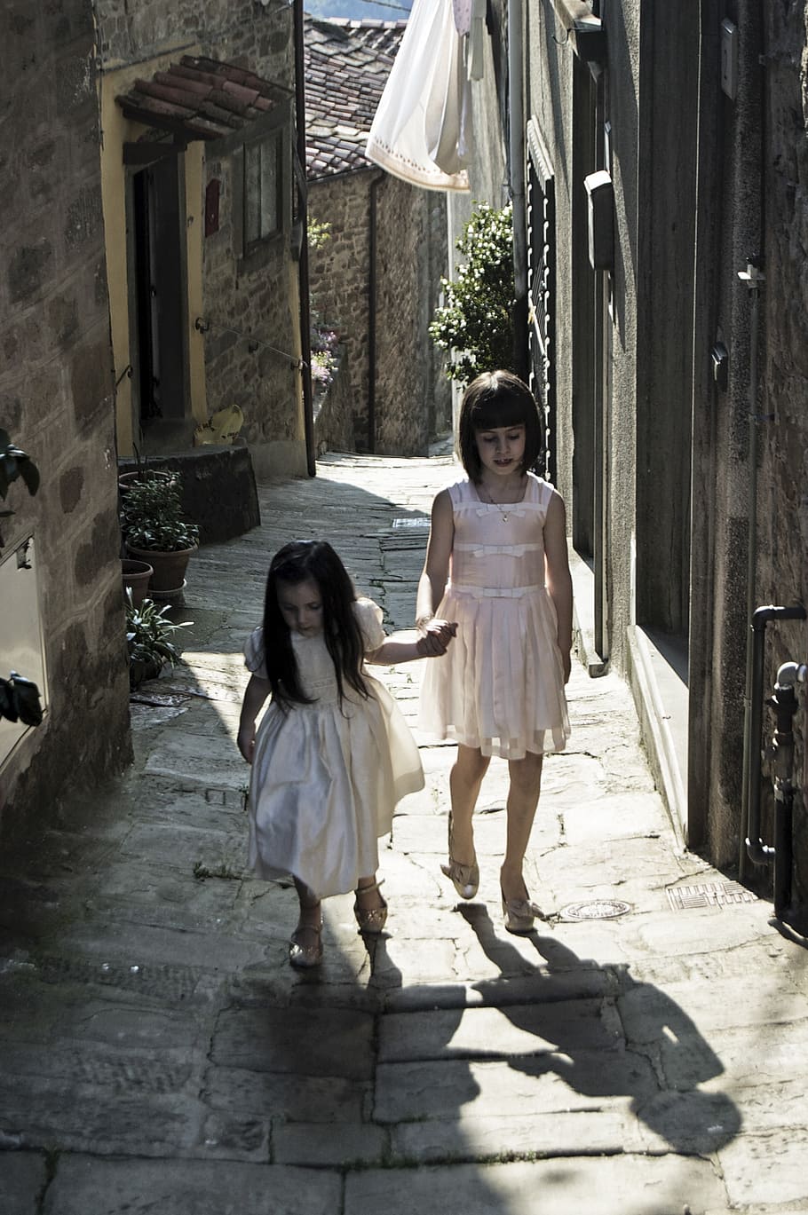 two, girls, walking, road, daytime, kids, children, street, tuscany, dior