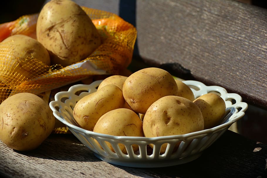 brown, potatoes, white, plastic basket, unpeeled, food, raw, ingredient, harvest, shell