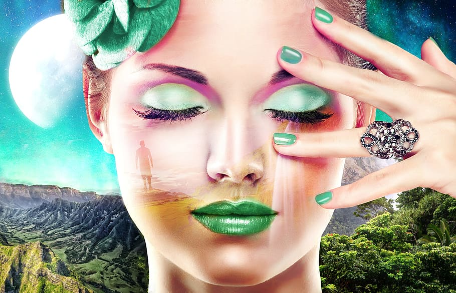 woman, face, green, eyeshadow illustration, beautiful, girl, young, jungle, beauty, beautiful woman
