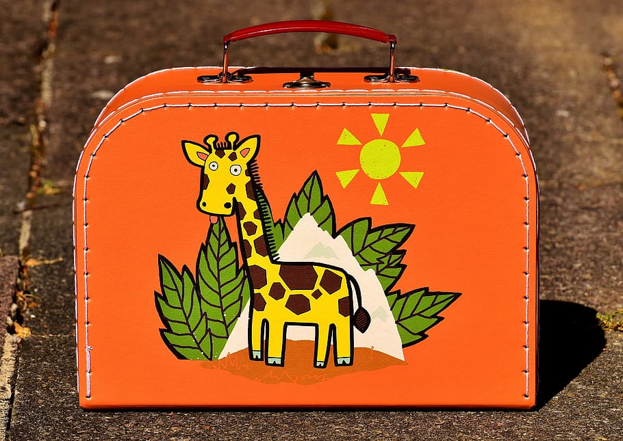 orange, lunchbox, giraffe print, Holidays, Luggage, Children, Go Away, summer, travel, funny