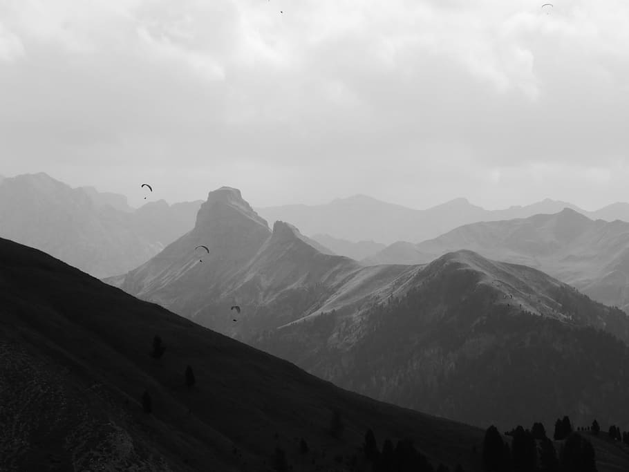 grayscale photo, mountains, south tyrol, dolomites, paragliders, black and white, rose garden, italy, alpine, mountaineering